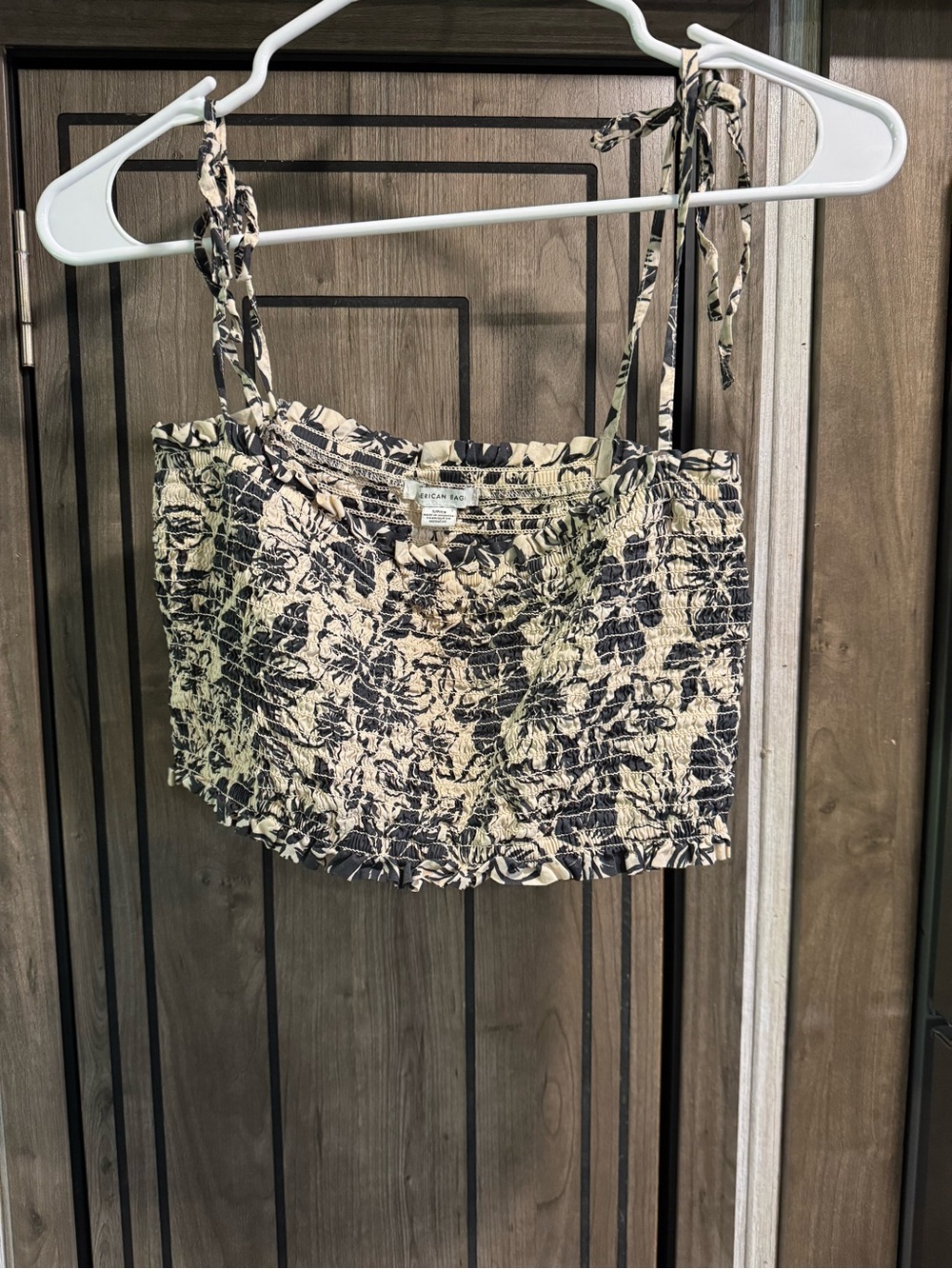 American Eagle Outfitters Black & Cream Floral Smocked Tie-Strap Camisole